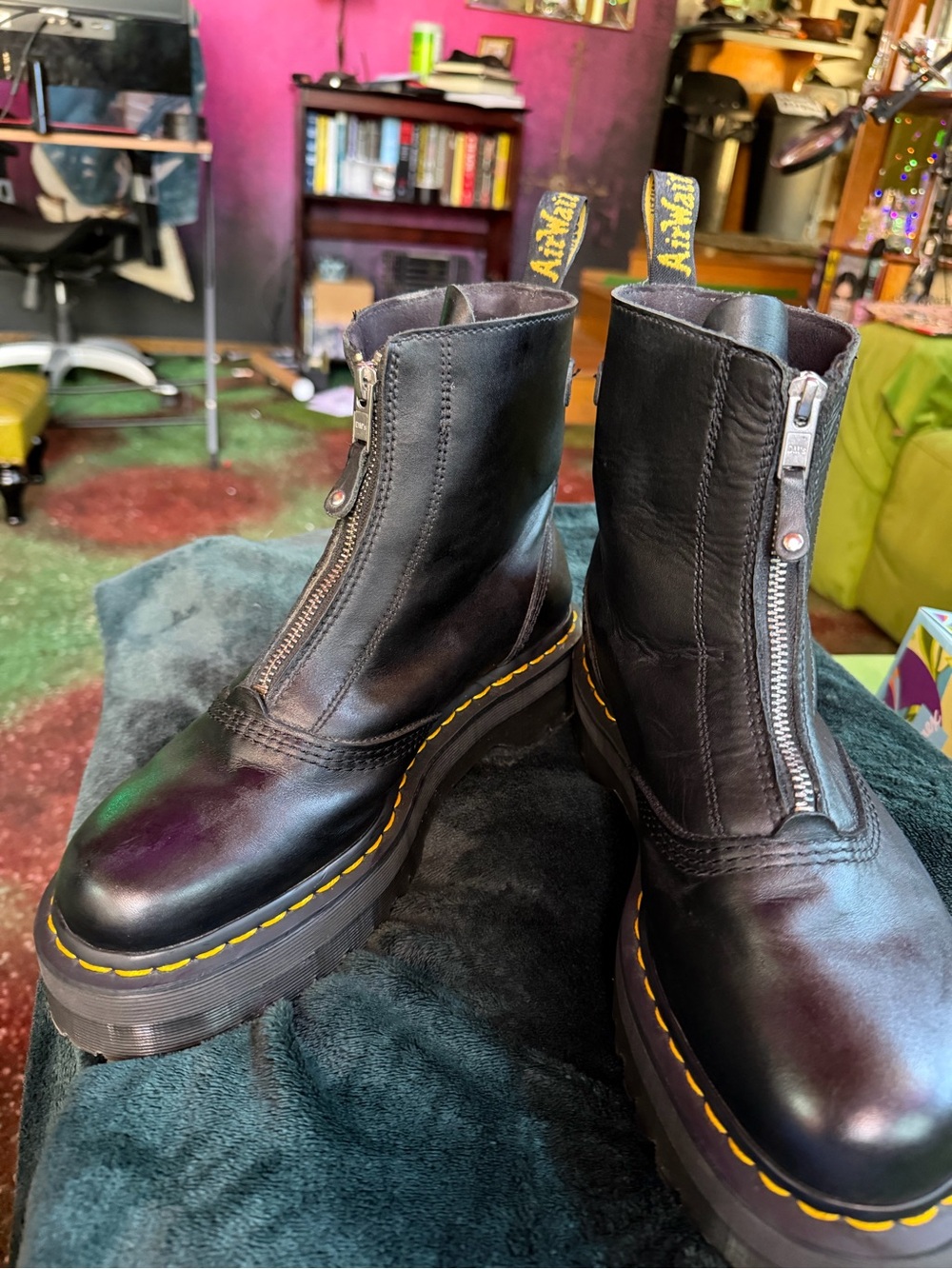 Dr. Martens Black Leather Front-Zip Platform Boots with Yellow Welt Stitching